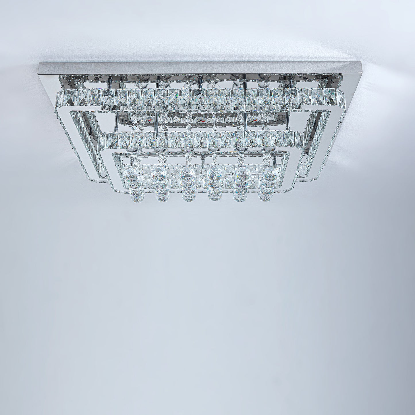 Double Layer Crystal Pendant Light - Silver / 80cm