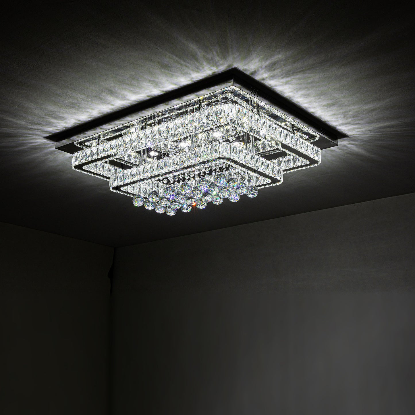 Double Layer Crystal Pendant Light - Silver / 80cm