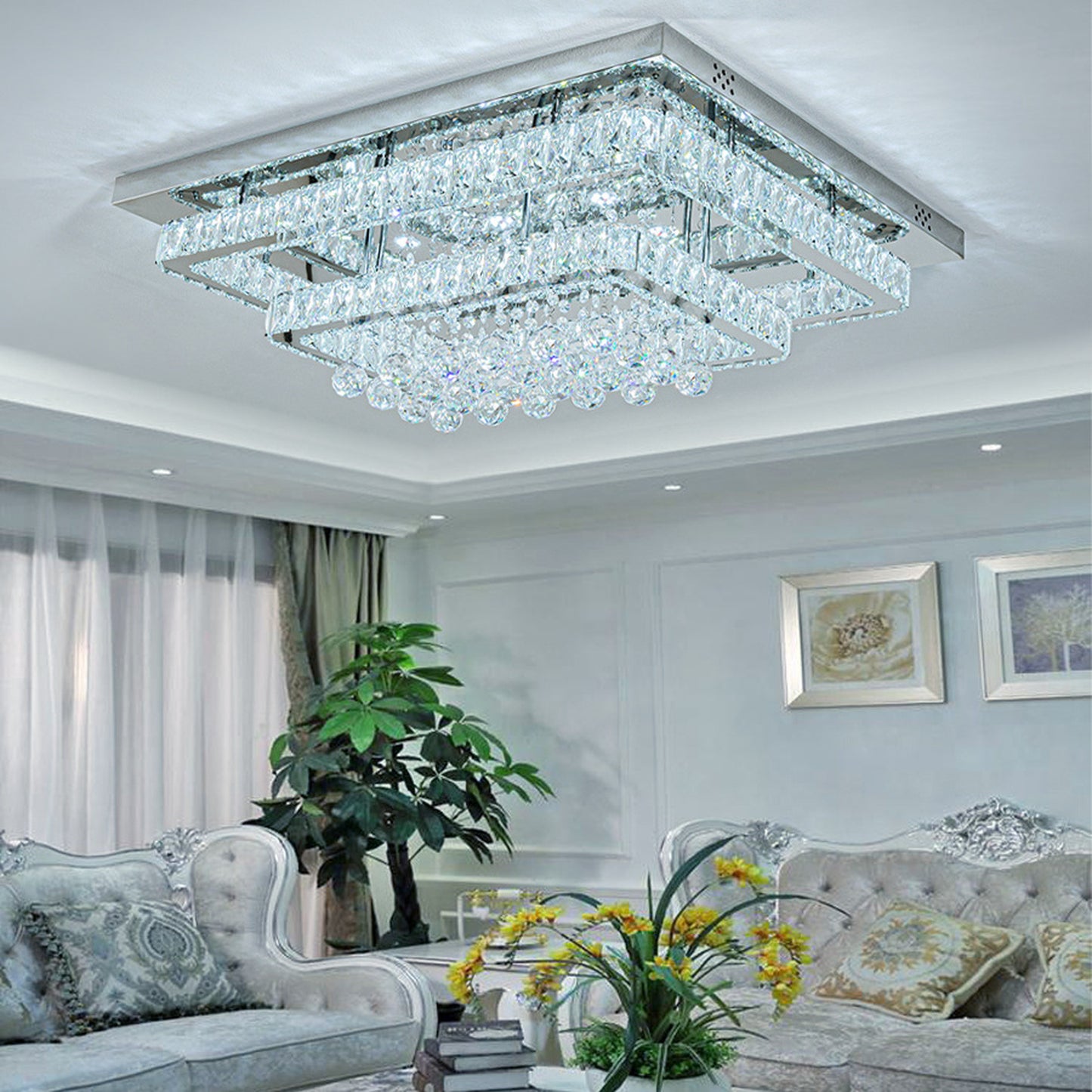 Double Layer Crystal Pendant Light - Silver / 80cm