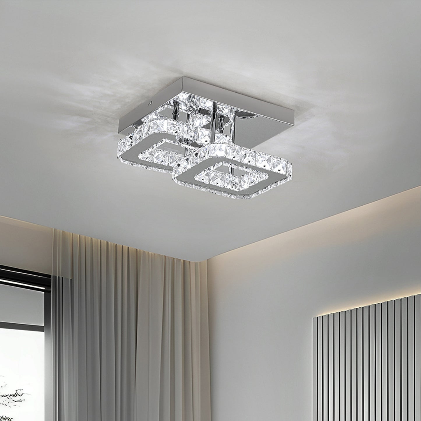 Square Crystal Ceiling Light with Chrome Finish - Silver / 24cm